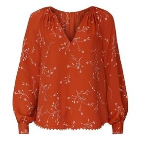 Joie Allea floral print crepe long sleeve blouse orange split neck white flowers